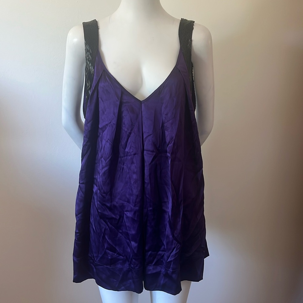 Bebe Deep Purple Silk Top with Black Accents